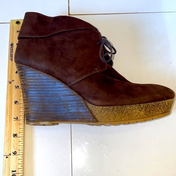 Chocolate Brown 💯 suede wedge booties. Lace up. Size 8. 4”  wooden wedge. - Picture 5 of 6